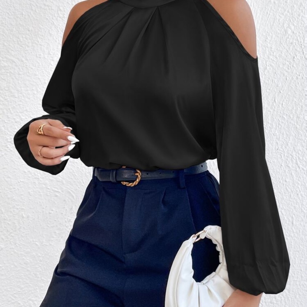 SHEIN Black Puff Sleeve Cut Out Blouse